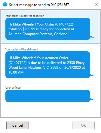 SMS Integration Set Up Screen Acumen Reports